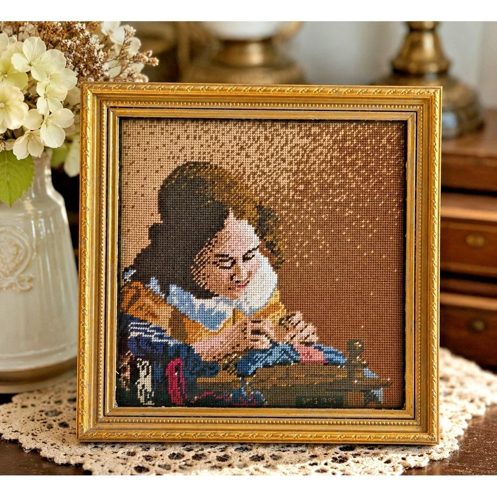 Vintage Framed Needlepoint Young Lady Sewing Cross Stitch Art Gold Frame 10x10